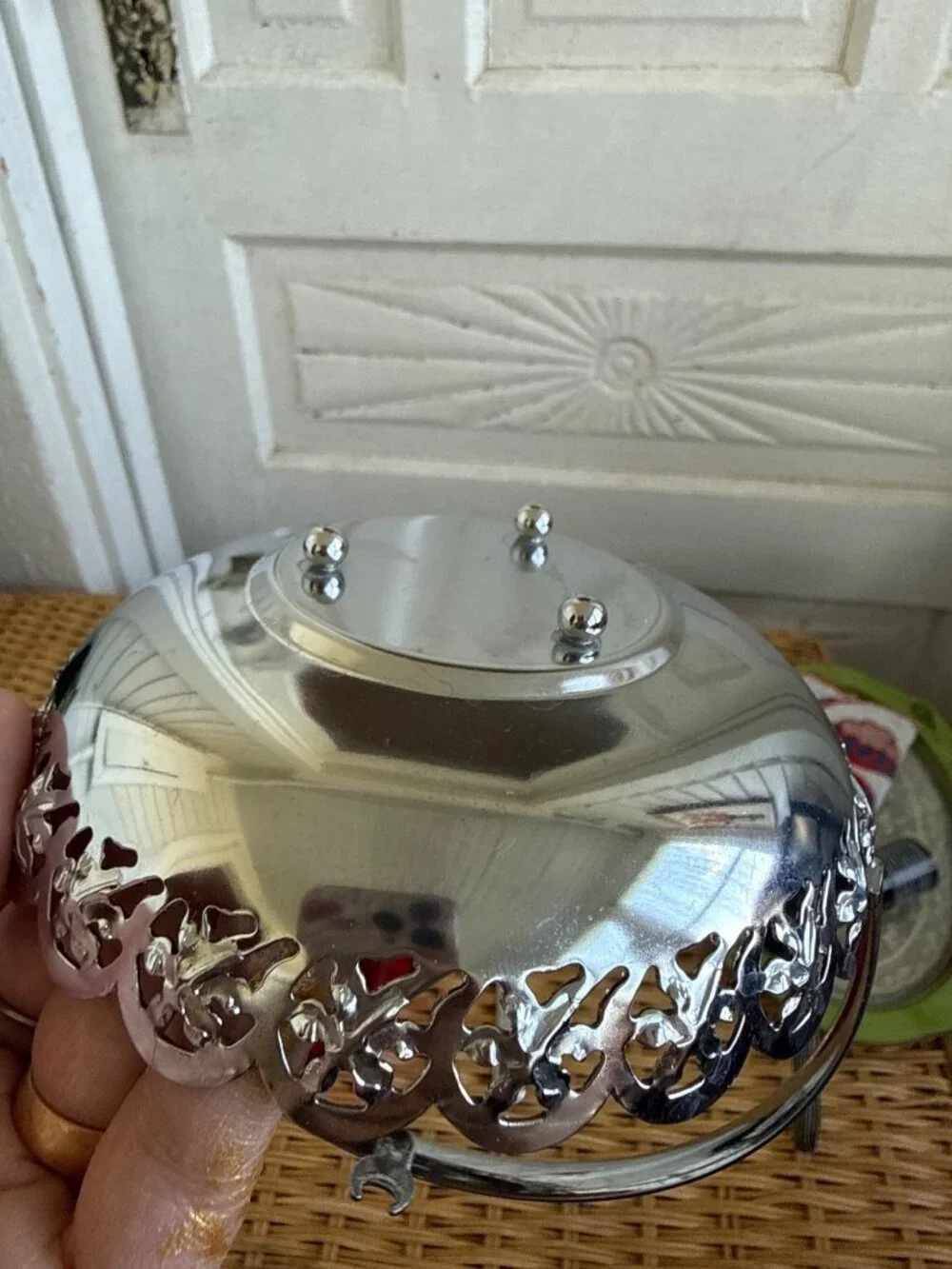 Vintage 1950s England Chrome Ruby Red Glass Condiment Dish Clam Shell Spoon